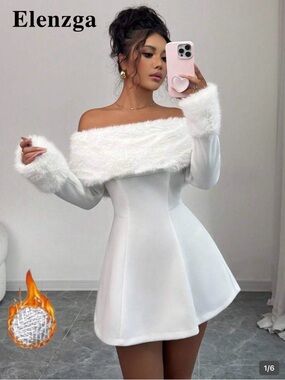 White Off-Shoulder Faux Fur Trim Mini Dress